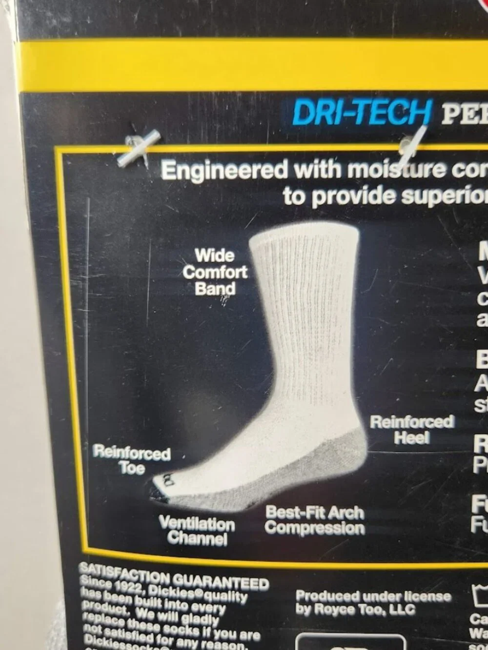NEW Dickies Men's Dri-Tech Moisture Control Crew Socks 6 Pack Size XL White Soft